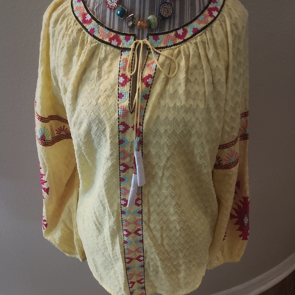 Soft Surrounding Nwot Cotton Yellow Embroidered Blouse